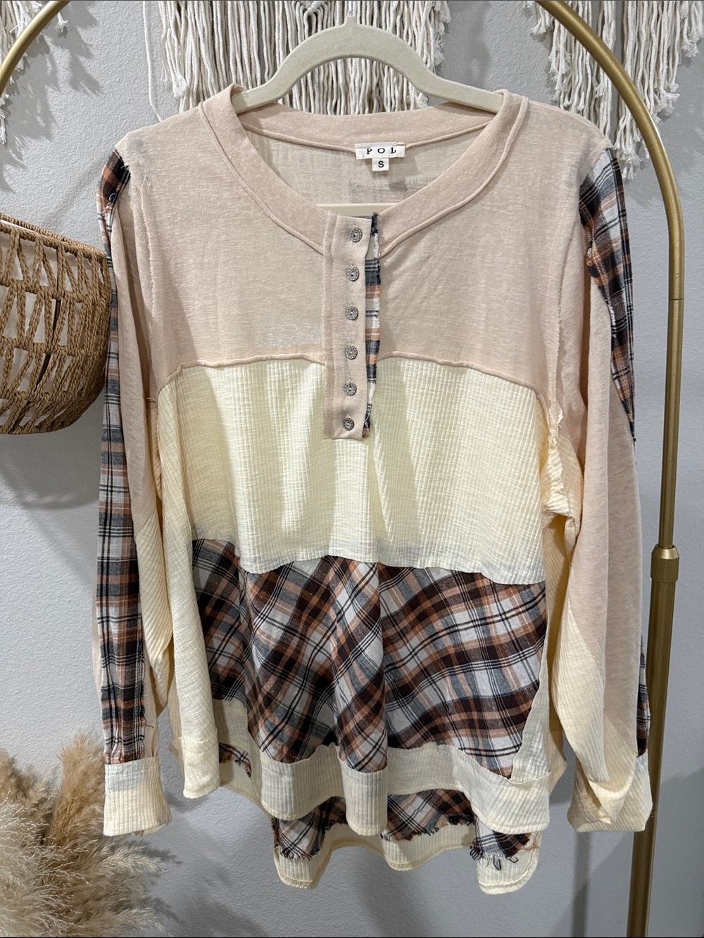 POL Colorblock Henley with Plaid Trim - Cream and Brown